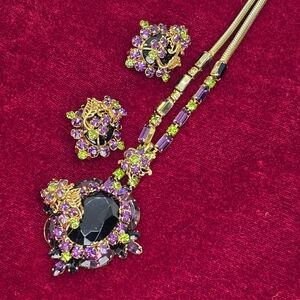Vintage Gold Alice Caviness Purple Green Necklace and Earring Set